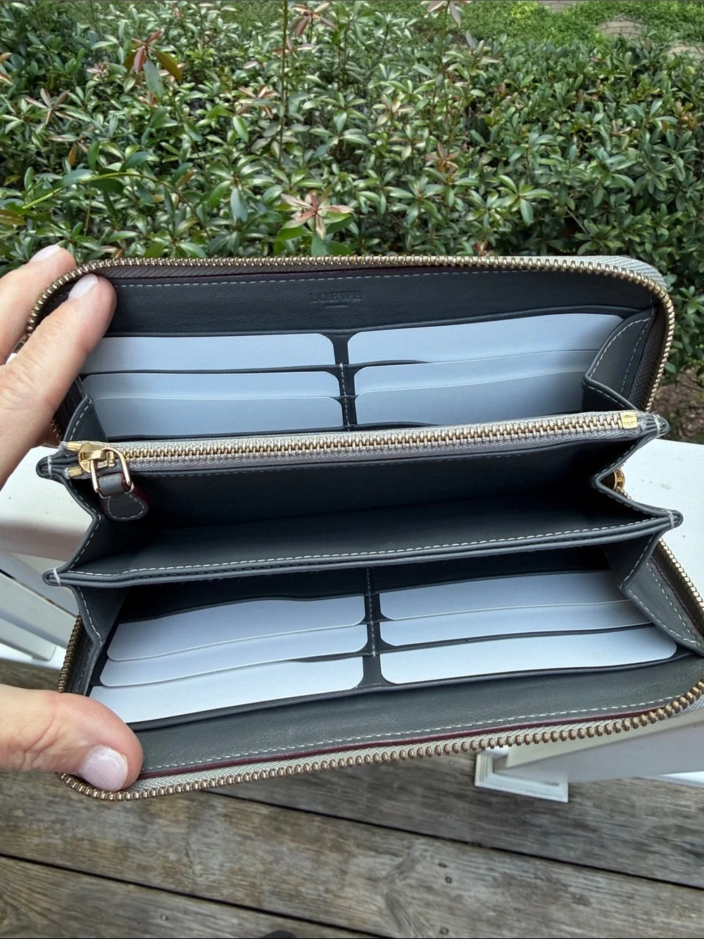 Loewe Vintage Beige and Gray Monogram Zip-Around Logo Wristlet Wallet